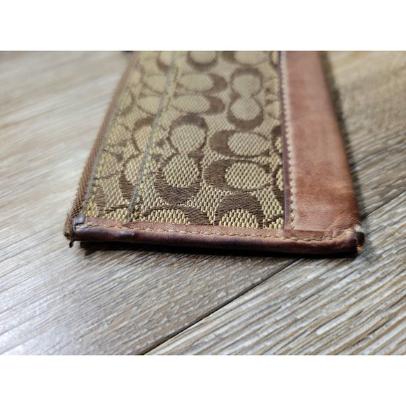 Coach Brown Signature Canvas Leather Trim Women Card Holder Wallet Keyring Zip - Picture 5 of 9